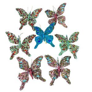 Vintage Handcrafted Beaded Butterfly Clip-On Ornaments Set Of 7 Wired Colorful